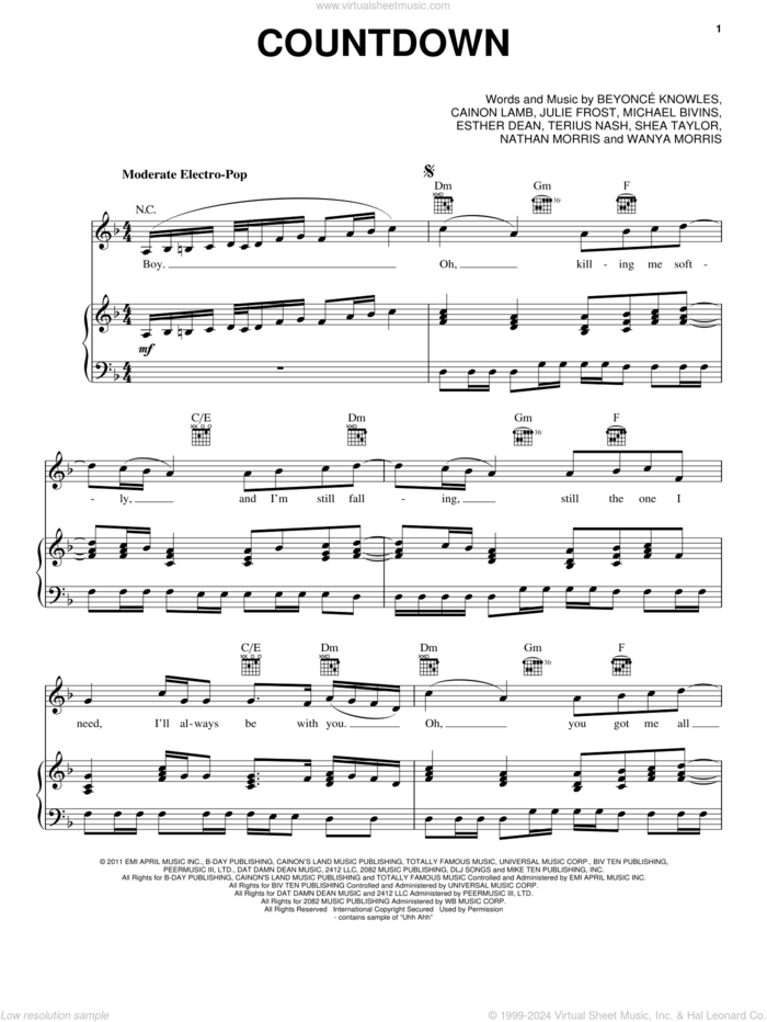Countdown sheet music for voice, piano or guitar by Beyonce, Beyonce Knowles, Cainon Lamb, Ester Dean, Julie Frost, Michael Bivins, Nathan Morris, Shea Taylor, Terius Nash and Wanya Morris, intermediate skill level