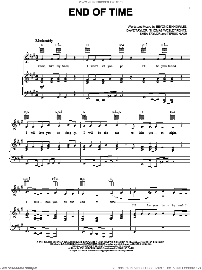 End Of Time sheet music for voice, piano or guitar by Beyonce, Beyonce Knowles, Dave Taylor, Shea Taylor, Terius Nash and Thomas Wesley Pentz, intermediate skill level
