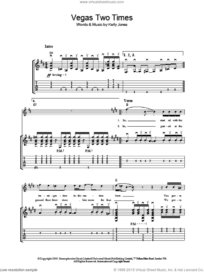 Vegas Two Times sheet music for guitar (tablature) by Stereophonics and Kelly Jones, intermediate skill level