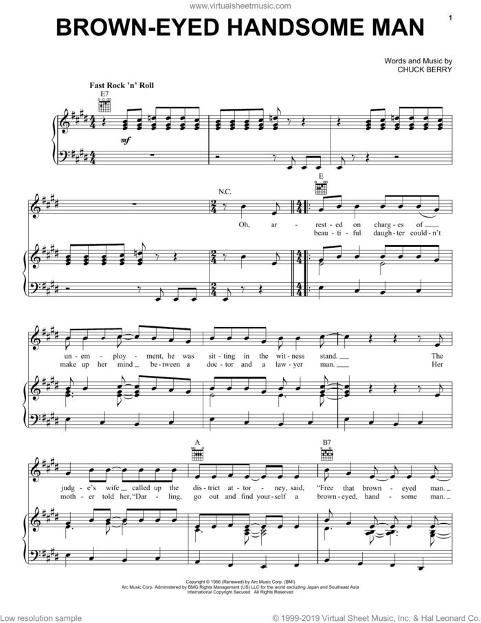 Brown-Eyed Handsome Man sheet music for voice, piano or guitar by Chuck Berry and Paul McCartney, intermediate skill level