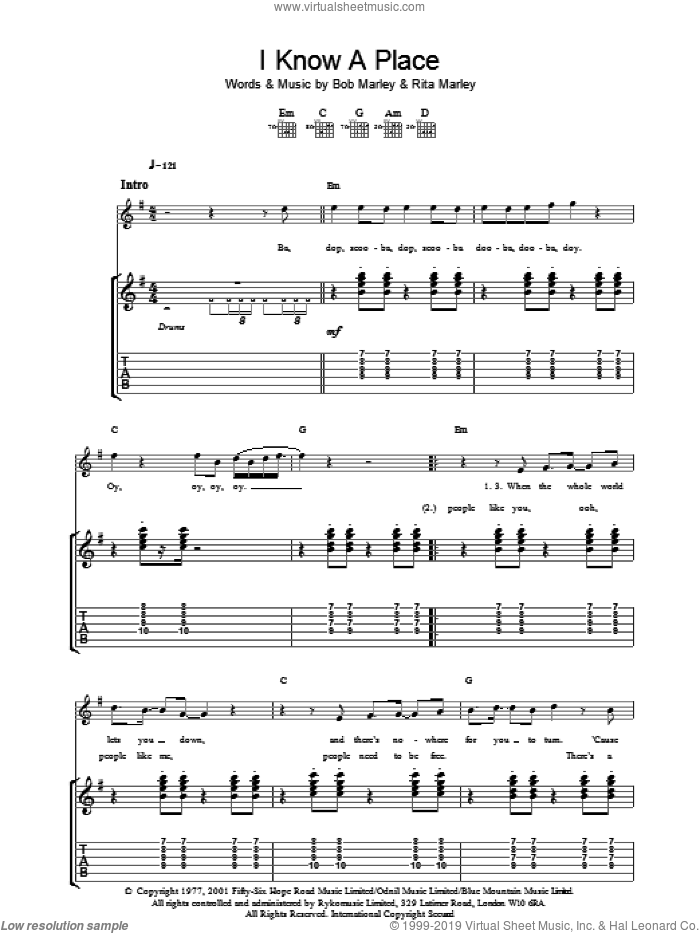 I Know A Place sheet music for guitar (tablature) by Bob Marley and Rita Marley, intermediate skill level