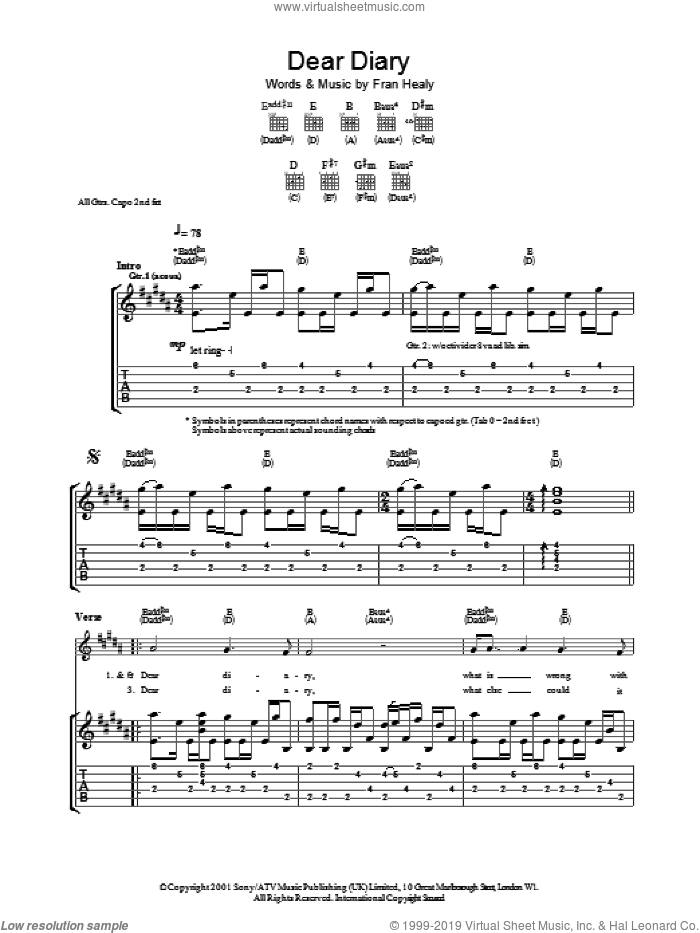 Dear Diary sheet music for guitar (tablature) by Merle Travis and Fran Healy, intermediate skill level