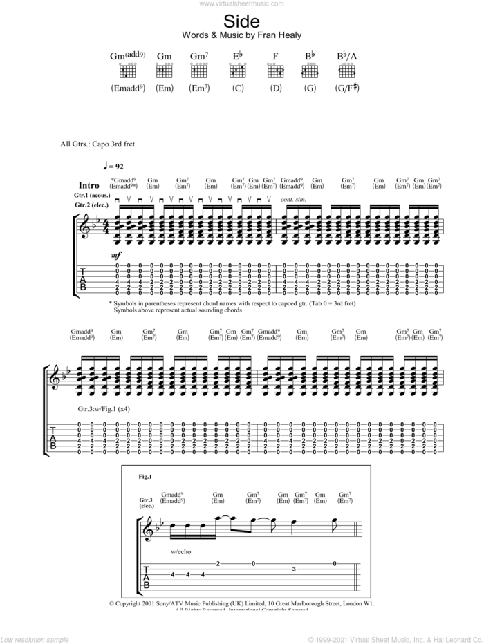 Side sheet music for guitar (tablature) by Merle Travis and Fran Healy, intermediate skill level