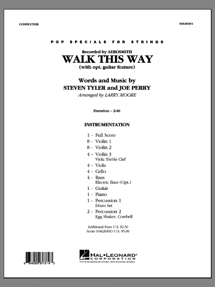 Walk This Way (COMPLETE) sheet music for orchestra by Steven Tyler, Joe Perry, Aerosmith, Larry Moore and Run D.M.C., intermediate skill level