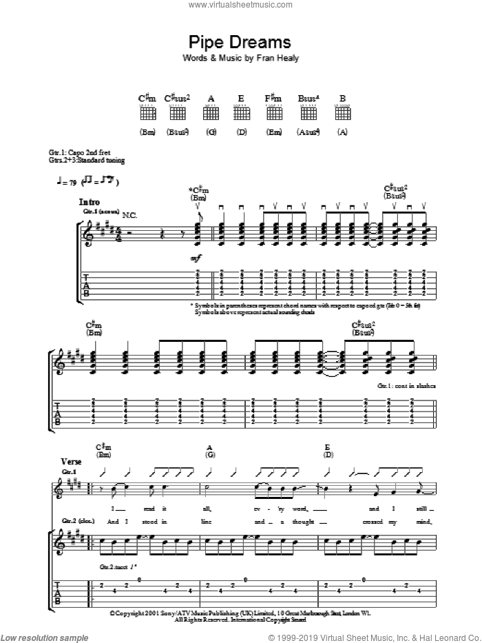 Pipe Dreams sheet music for guitar (tablature) by Merle Travis and Fran Healy, intermediate skill level