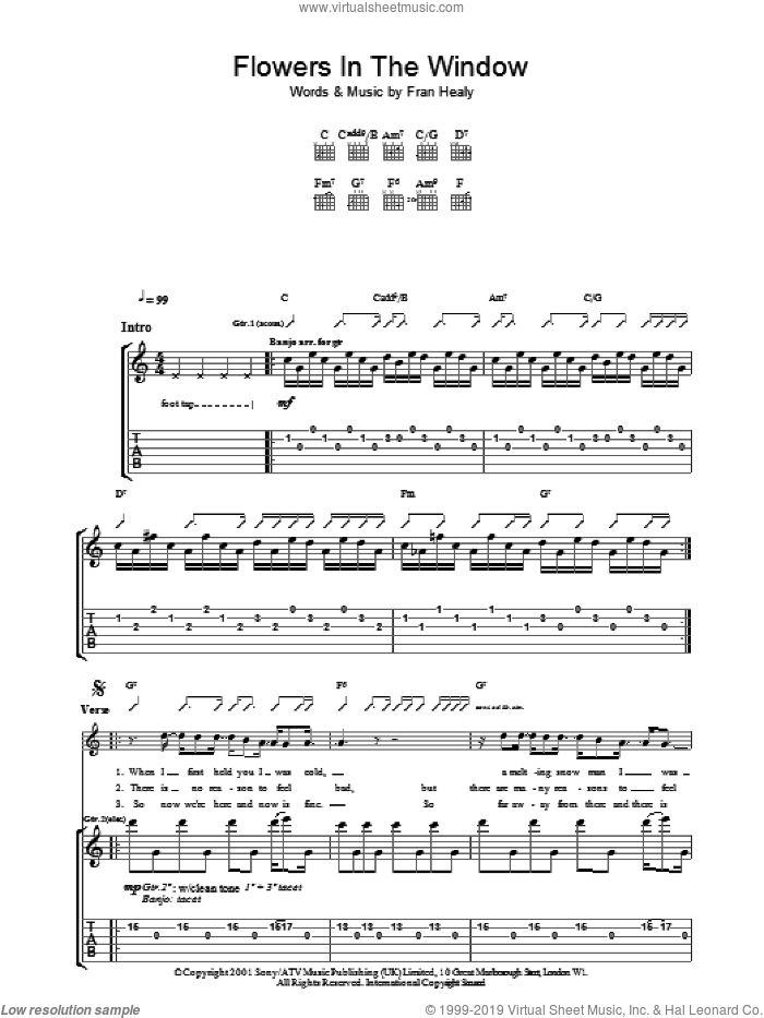 Flowers In The Window sheet music for guitar (tablature) by Merle Travis and Fran Healy, intermediate skill level