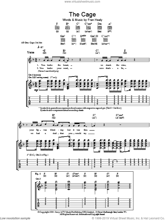 The Cage sheet music for guitar (tablature) by Merle Travis and Fran Healy, intermediate skill level