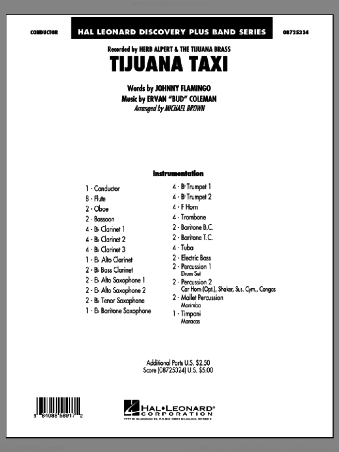 Tijuana Taxi (COMPLETE) sheet music for concert band by Michael Brown, Ervan Coleman, Johnny Flamingo and Herb Alpert & The Tijuana Brass, intermediate skill level