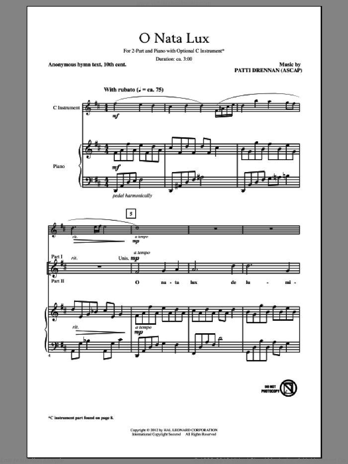 O Nata Lux sheet music for choir (2-Part) by Patti Drennan, intermediate duet
