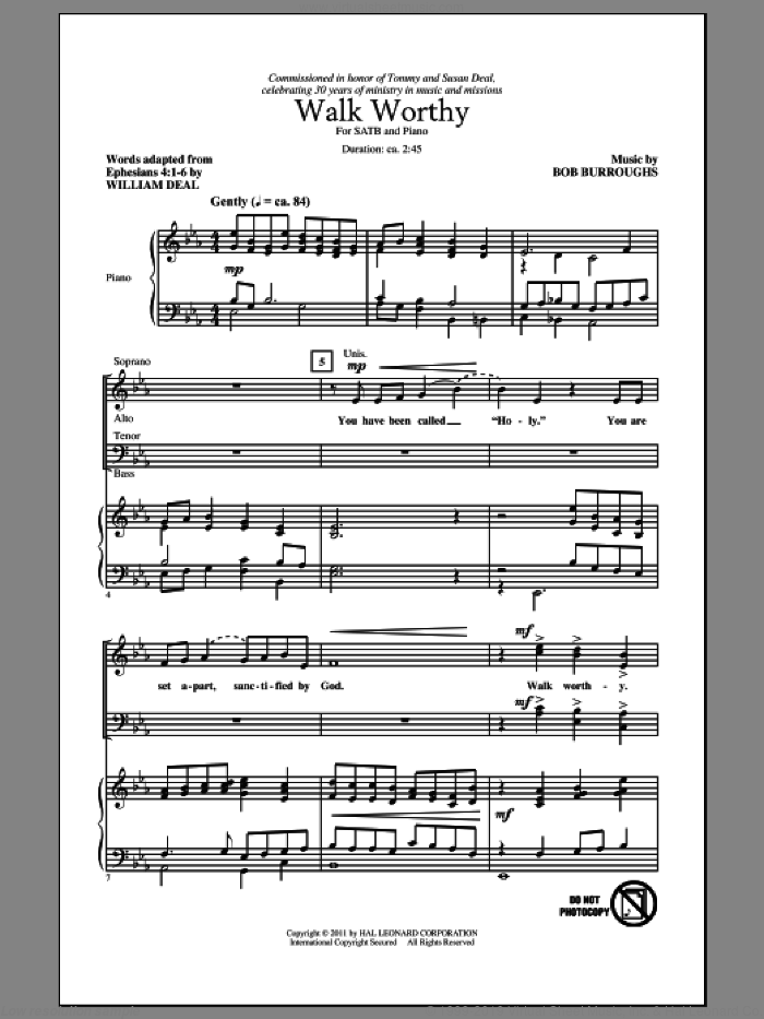 Walk Worthy sheet music for choir (SATB: soprano, alto, tenor, bass) by Bob Burroughs and William Deal, intermediate skill level