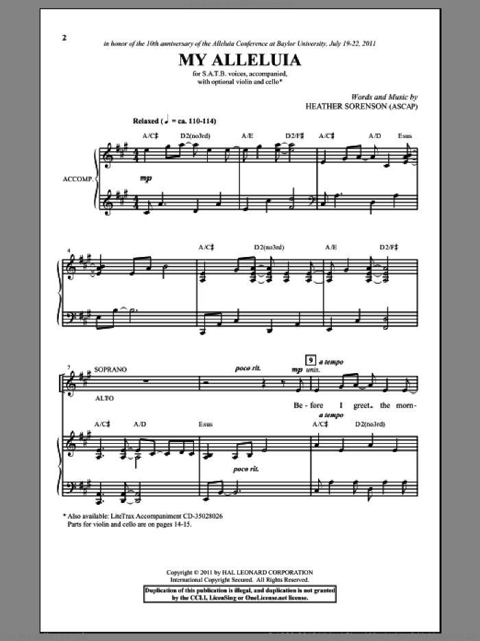 My Alleluia sheet music for choir (SATB: soprano, alto, tenor, bass) by Heather Sorenson, intermediate skill level