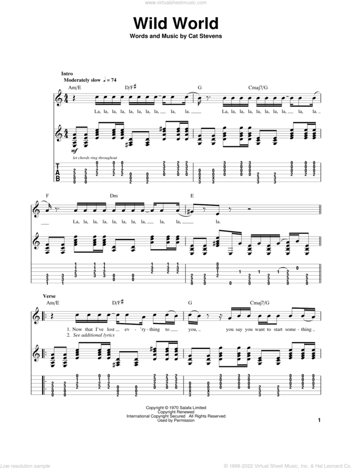 Wild World sheet music for guitar (tablature, play-along) by Cat Stevens and Maxi Priest, intermediate skill level