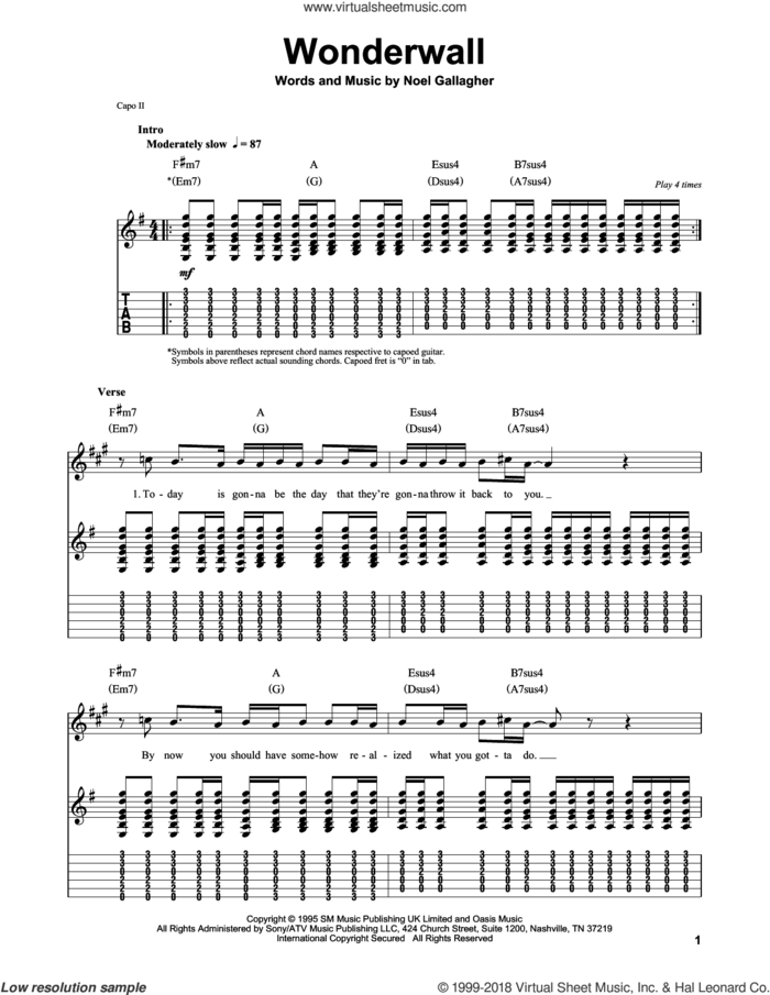 Wonderwall sheet music for guitar (tablature, play-along) by Oasis and Noel Gallagher, intermediate skill level