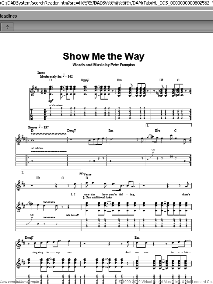 Show Me The Way sheet music for guitar (tablature, play-along) by Peter Frampton, intermediate skill level