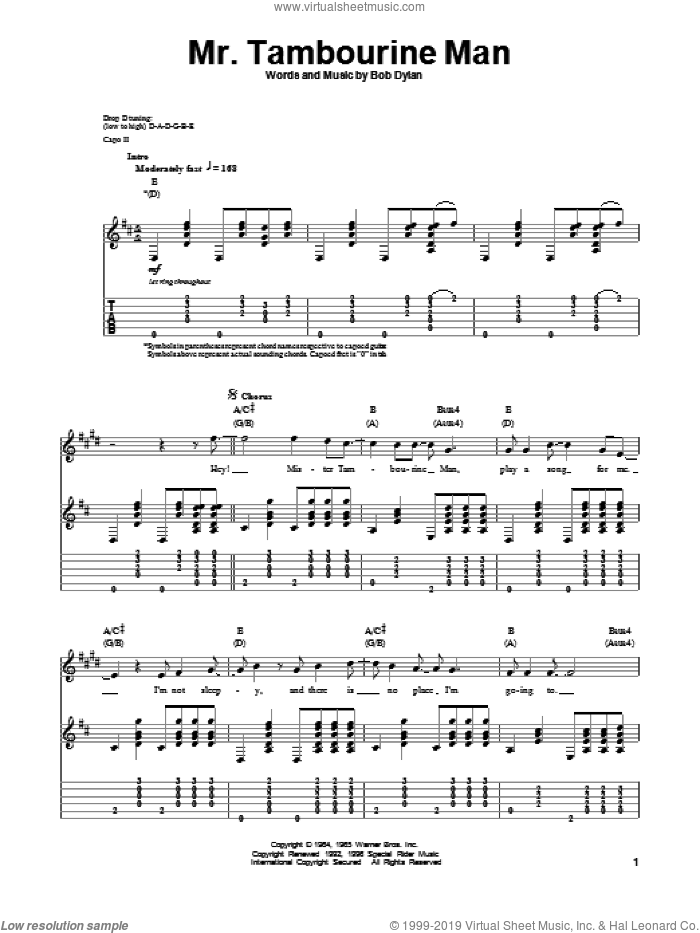 Mr. Tambourine Man sheet music for guitar (tablature, play-along) by Bob Dylan, intermediate skill level