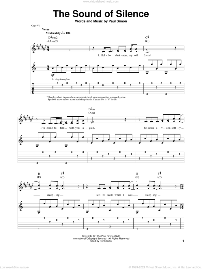The Sound Of Silence sheet music for guitar (tablature, play-along) by Simon & Garfunkel and Paul Simon, intermediate skill level