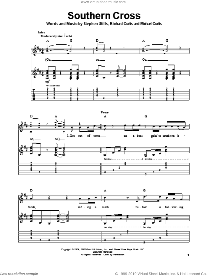 Southern Cross sheet music for guitar (tablature, play-along) by Crosby, Stills & Nash, Michael Curtis, Richard Curtis and Stephen Stills, intermediate skill level