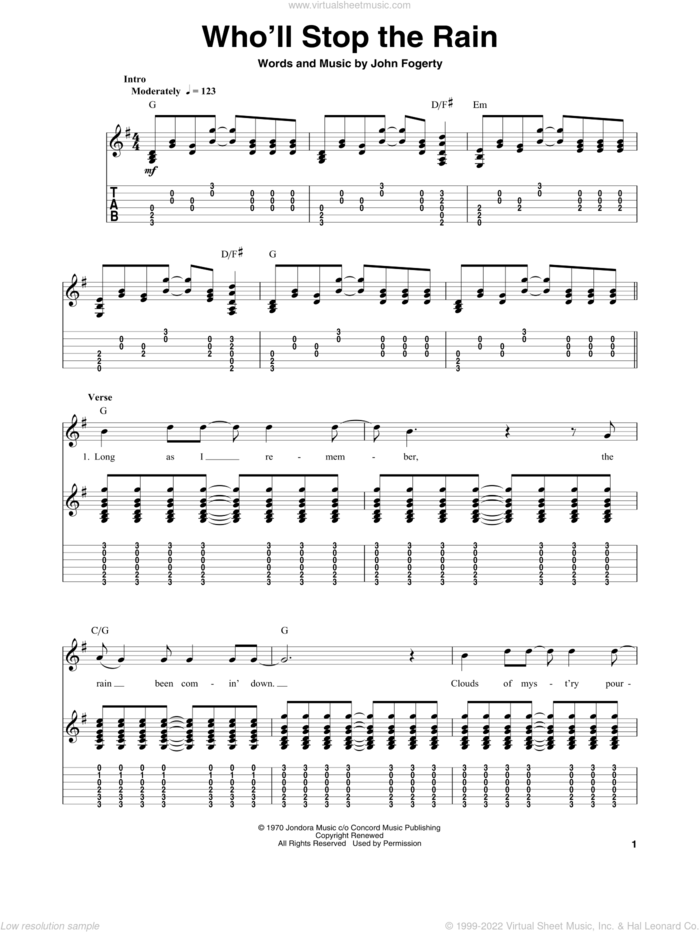 Who'll Stop The Rain sheet music for guitar (tablature, play-along) by Creedence Clearwater Revival and John Fogerty, intermediate skill level