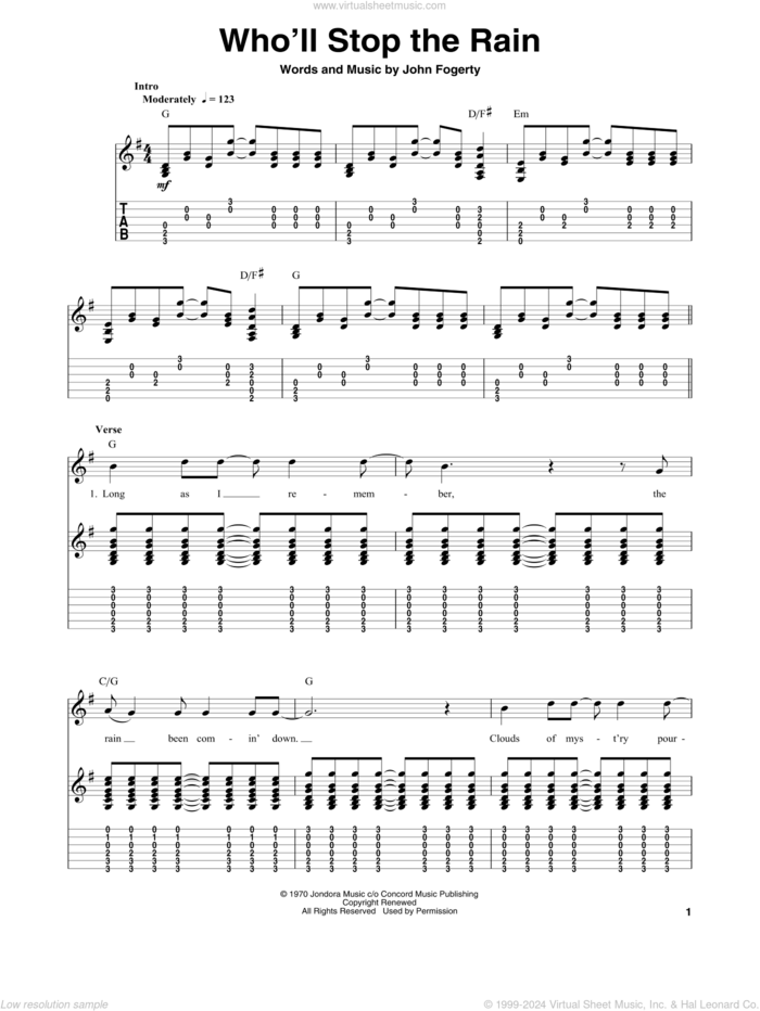 Who'll Stop The Rain sheet music for guitar (tablature, play-along) by Creedence Clearwater Revival and John Fogerty, intermediate skill level