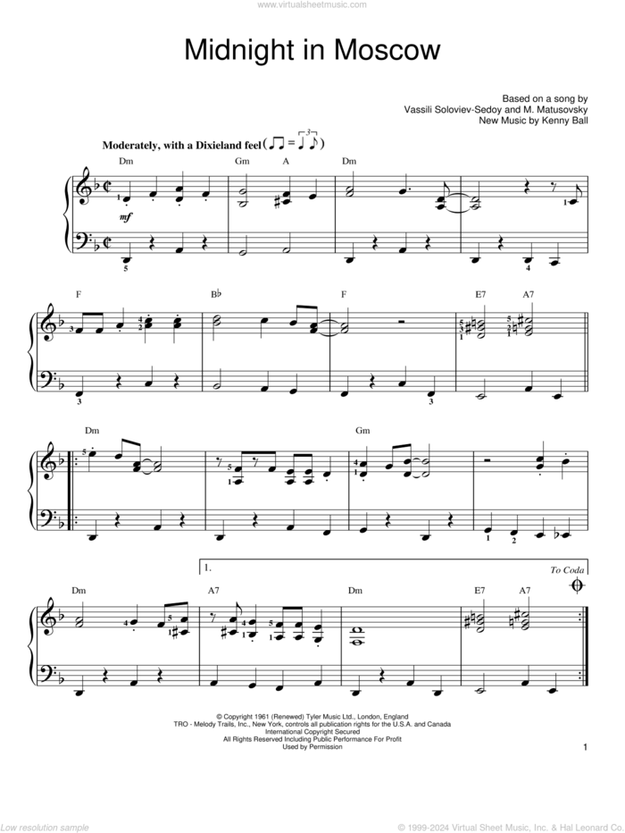 Midnight In Moscow, (easy) sheet music for piano solo by Kenny Ball, easy skill level