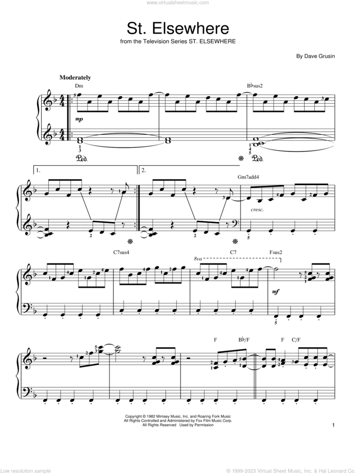 St. Elsewhere sheet music for piano solo by Dave Grusin, easy skill level