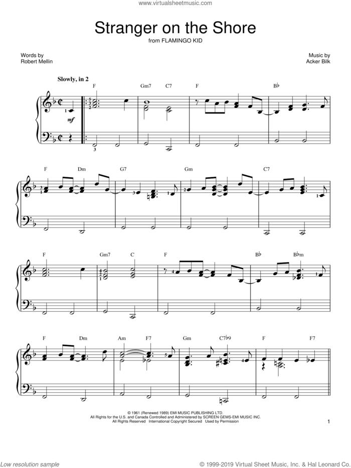 Stranger On The Shore, (easy) sheet music for piano solo by Acker Bilk and Robert Mellin, wedding score, easy skill level