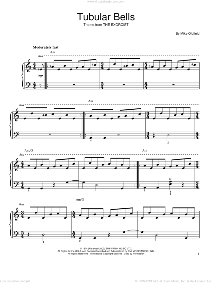 Tubular Bells, (easy) sheet music for piano solo by Mike Oldfield, easy skill level