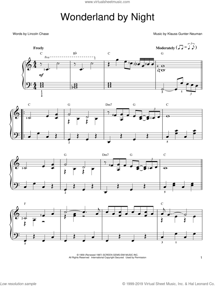 Wonderland By Night, (easy) sheet music for piano solo by Bert Kaempfert, Klauss Gunter-Neuman and Lincoln Chase, easy skill level
