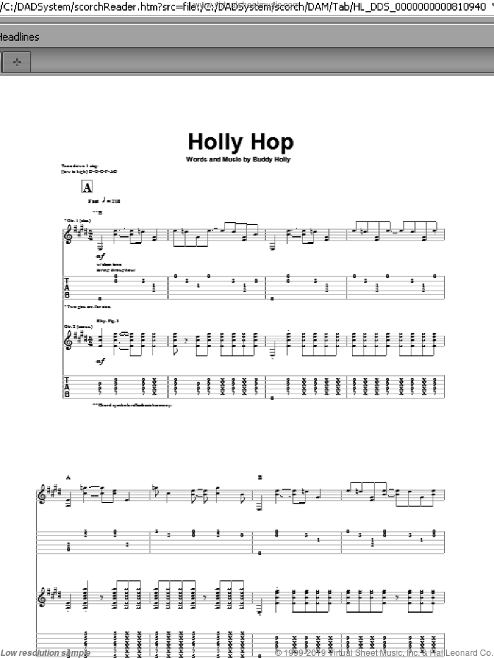 Holly Hop sheet music for guitar (tablature) by Buddy Holly, intermediate skill level