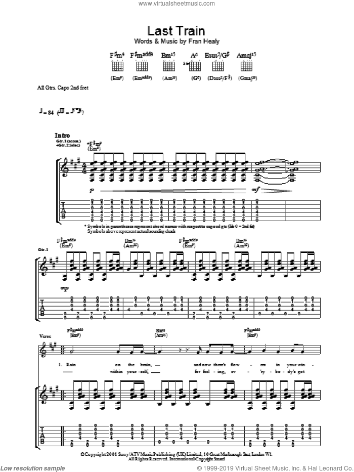 Last Train sheet music for guitar (tablature) by Merle Travis and Fran Healy, intermediate skill level