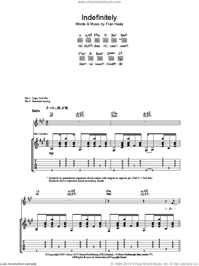 Indefinitely sheet music for guitar (tablature) by Merle Travis and Fran Healy, intermediate skill level