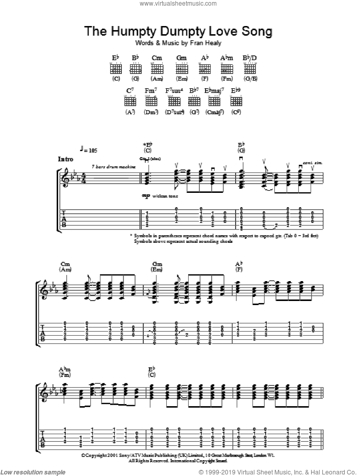 The Humpty Dumpty Love Song sheet music for guitar (tablature) by Merle Travis and Fran Healy, intermediate skill level