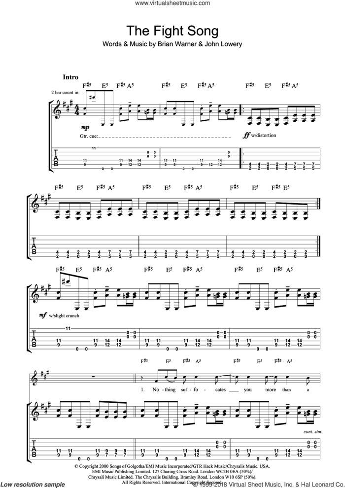 The Fight Song sheet music for guitar (tablature) by Marilyn Manson, Brian Warner and John Lowery, intermediate skill level