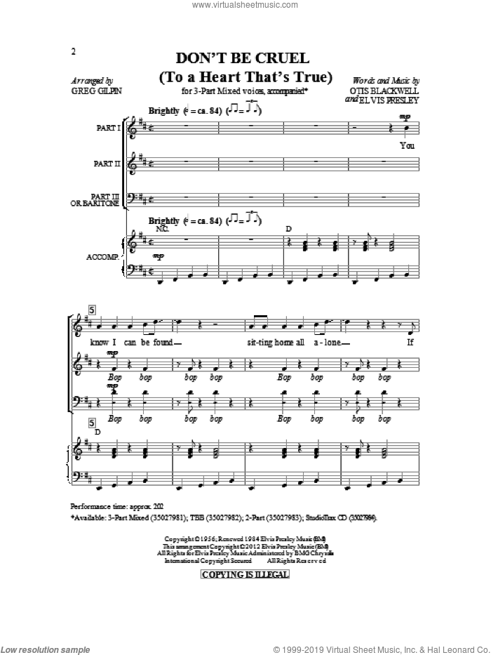 Don't Be Cruel (To A Heart That's True) sheet music for choir (3-Part Mixed) by Elvis Presley, Cheap Trick and Otis Blackwell, intermediate skill level