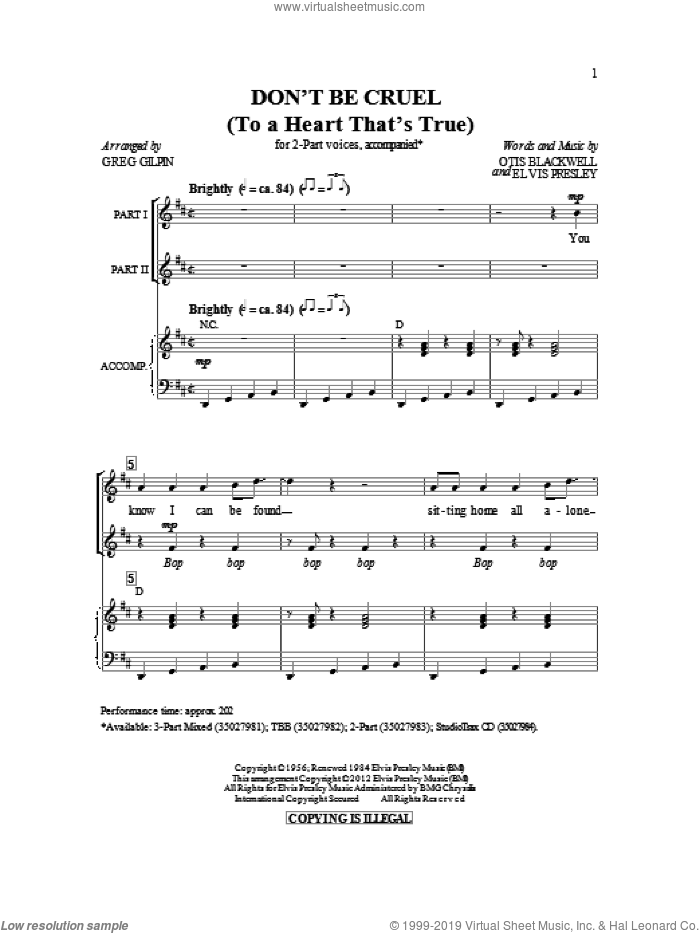 Don't Be Cruel (To A Heart That's True) sheet music for choir (2-Part) by Elvis Presley, Cheap Trick and Otis Blackwell, intermediate duet