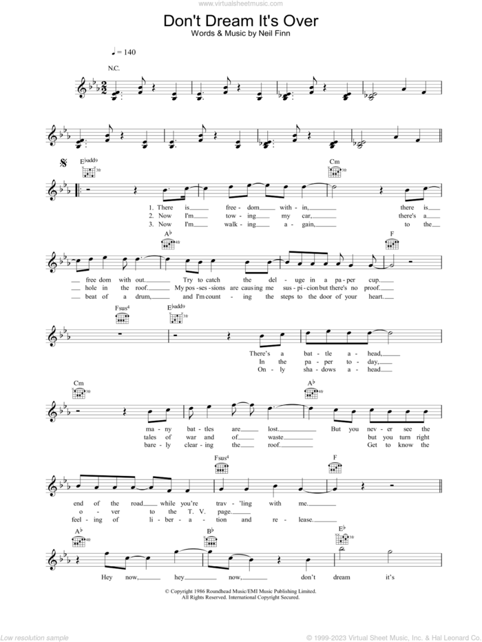 Don't Dream It's Over sheet music for voice and other instruments (fake book) by Crowded House and Neil Finn, intermediate skill level