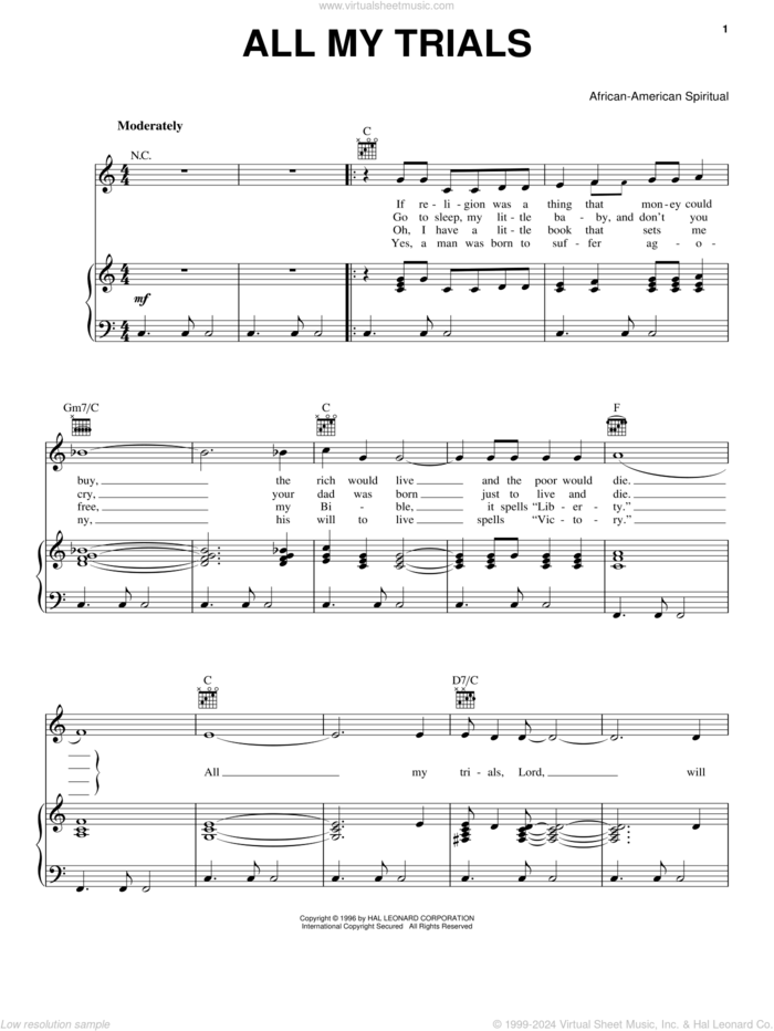 All My Trials sheet music for voice, piano or guitar, intermediate skill level