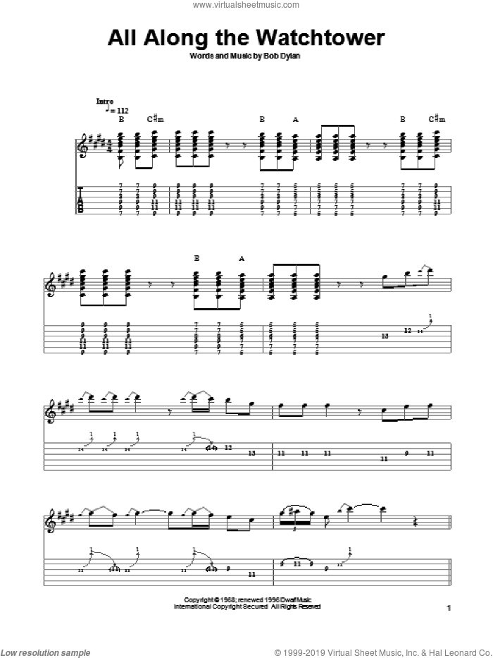 All Along The Watchtower sheet music for guitar solo (easy tablature) by Jimi Hendrix and Bob Dylan, easy guitar (easy tablature)