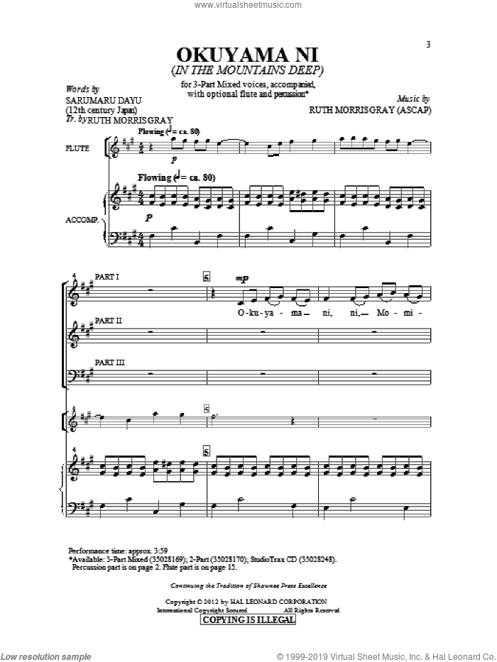 Okuyami Ni (In The Mountains Deep) sheet music for choir (3-Part Mixed) by Ruth Morris Gray and Sarumaru Dayuu, intermediate skill level