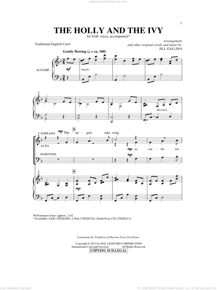 The Holly And The Ivy sheet music for choir (SAB: soprano, alto, bass) by Jill Gallina and Miscellaneous, intermediate skill level
