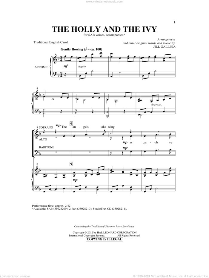 The Holly And The Ivy sheet music for choir (SAB: soprano, alto, bass) by Jill Gallina and Miscellaneous, intermediate skill level