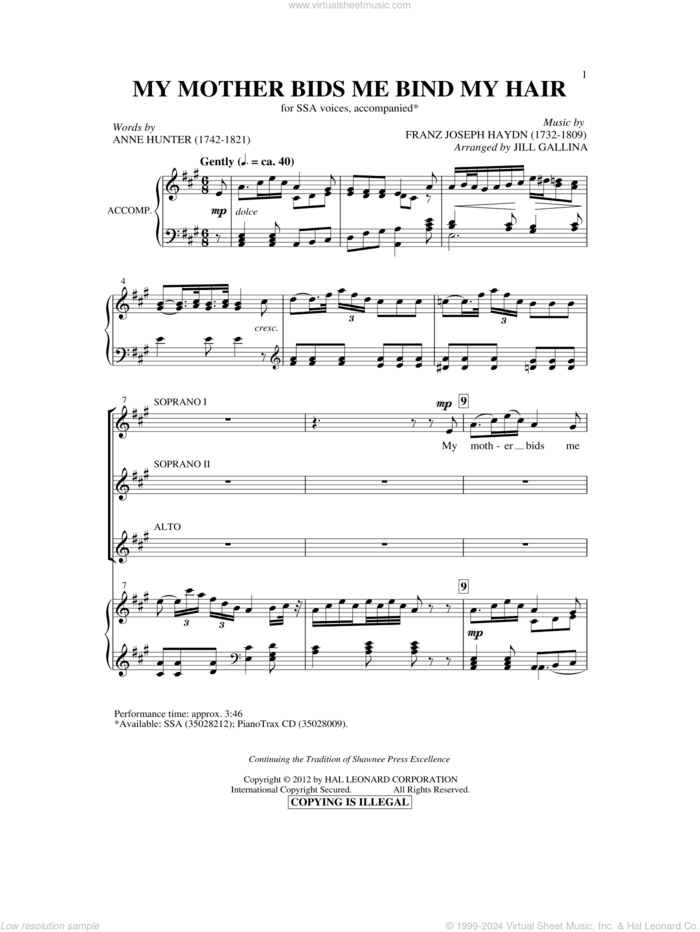 My Mother Bids Me Bind My Hair sheet music for choir (SSA: soprano, alto) by Franz Joseph Haydn, Anne Hunter and Jill Gallina, classical score, intermediate skill level