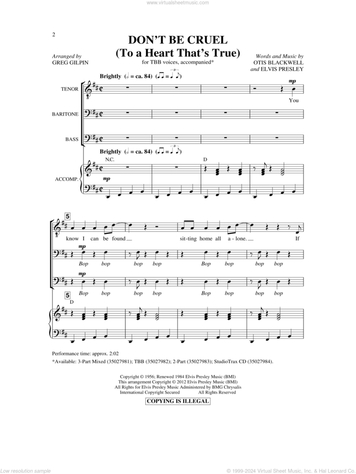 Don't Be Cruel (To A Heart That's True) sheet music for choir (TTBB: tenor, bass) by Elvis Presley, Cheap Trick and Otis Blackwell, intermediate skill level