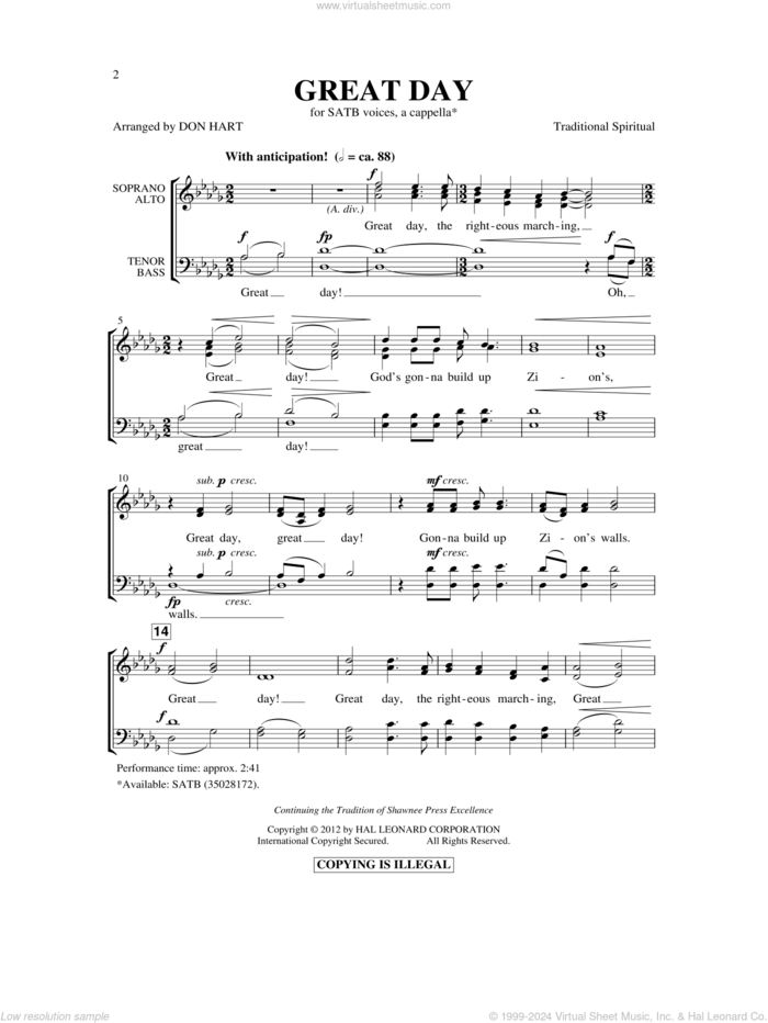 Great Day sheet music for choir (SATB: soprano, alto, tenor, bass) by Don Hart and Miscellaneous, intermediate skill level