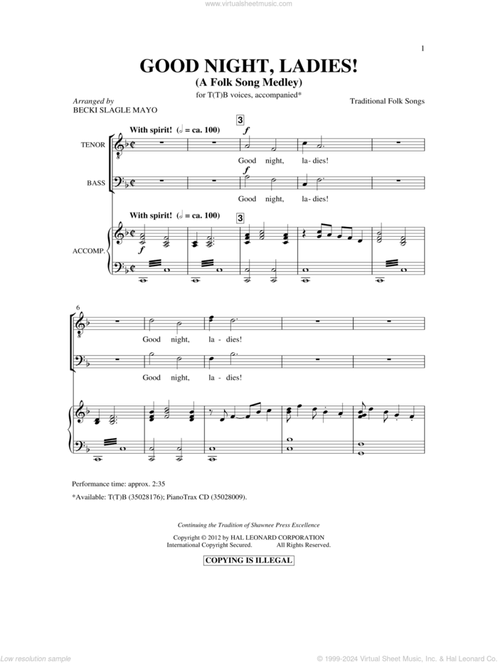 Good Night, Ladies! (A Folk Song Medley) sheet music for choir (TTBB: tenor, bass) by Stephen Foster and Becki Slagle Mayo, intermediate skill level