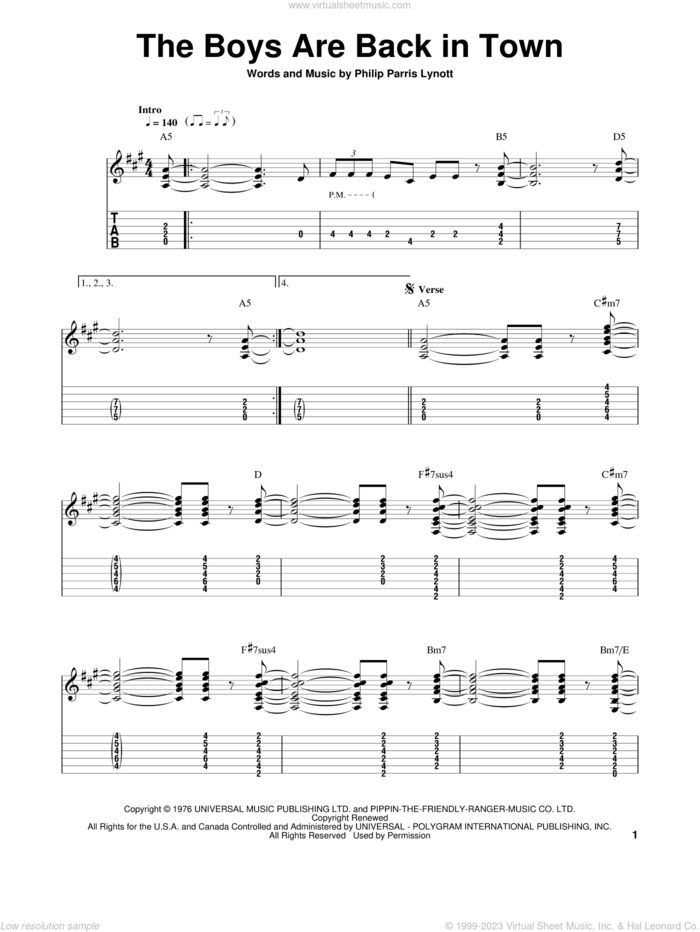 The Boys Are Back In Town sheet music for guitar solo (easy tablature) by Thin Lizzy and Phil Lynott, easy guitar (easy tablature)