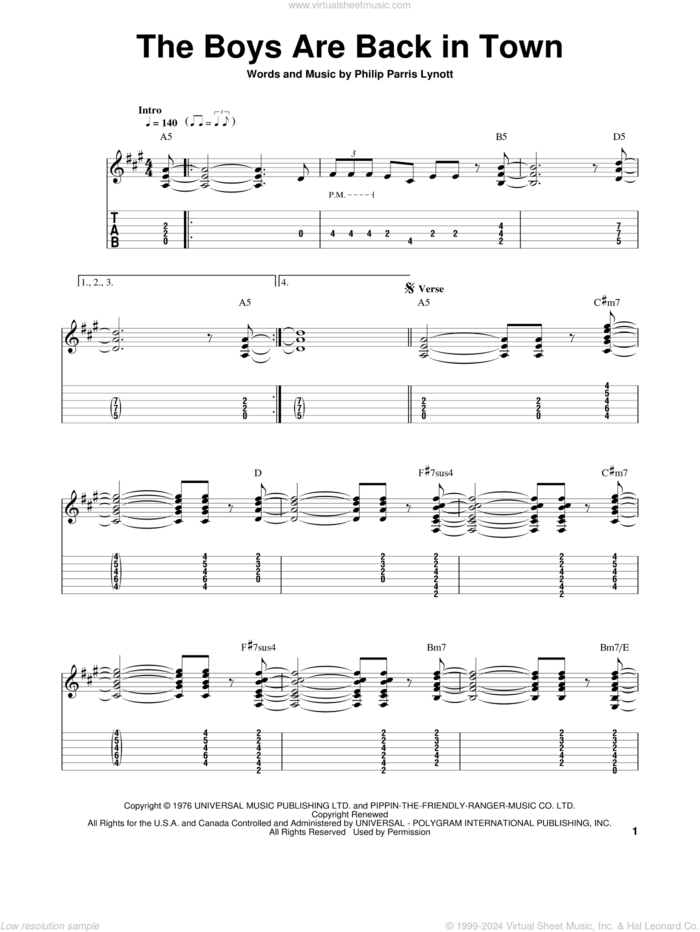 The Boys Are Back In Town sheet music for guitar solo (easy tablature) by Thin Lizzy and Phil Lynott, easy guitar (easy tablature)