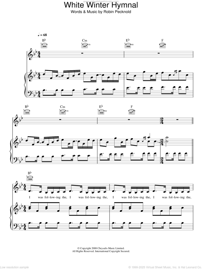 White Winter Hymnal sheet music for voice, piano or guitar by Birdy, Fleet Foxes and Robin Pecknold, intermediate skill level