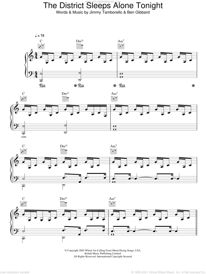 The District Sleeps Alone Tonight sheet music for voice, piano or guitar by Birdy, Ben Gibbard and Jimmy Tamborello, intermediate skill level