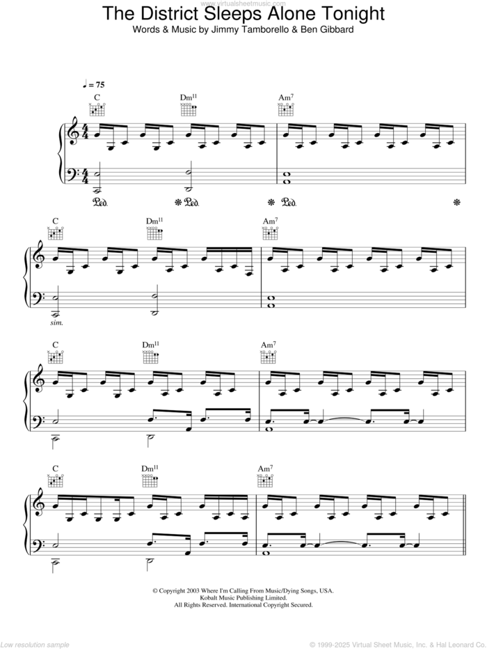 The District Sleeps Alone Tonight sheet music for voice, piano or guitar by Birdy, Ben Gibbard and Jimmy Tamborello, intermediate skill level